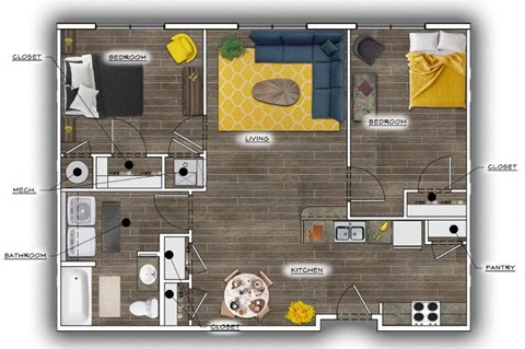 Floor plan for 2 beds, 1 bath, 951 sqft